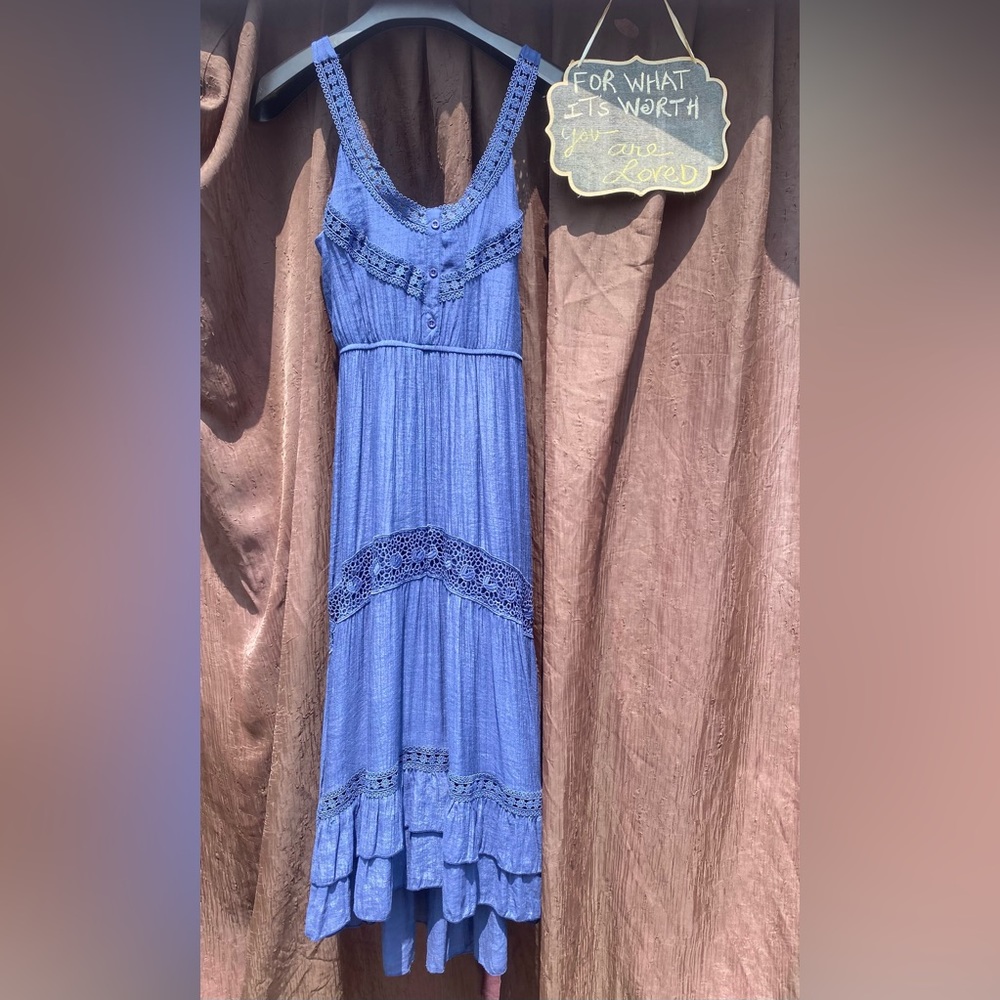 Rebellion Again Blue Boho Halter Lace Trim Maxi Sun Dress S
